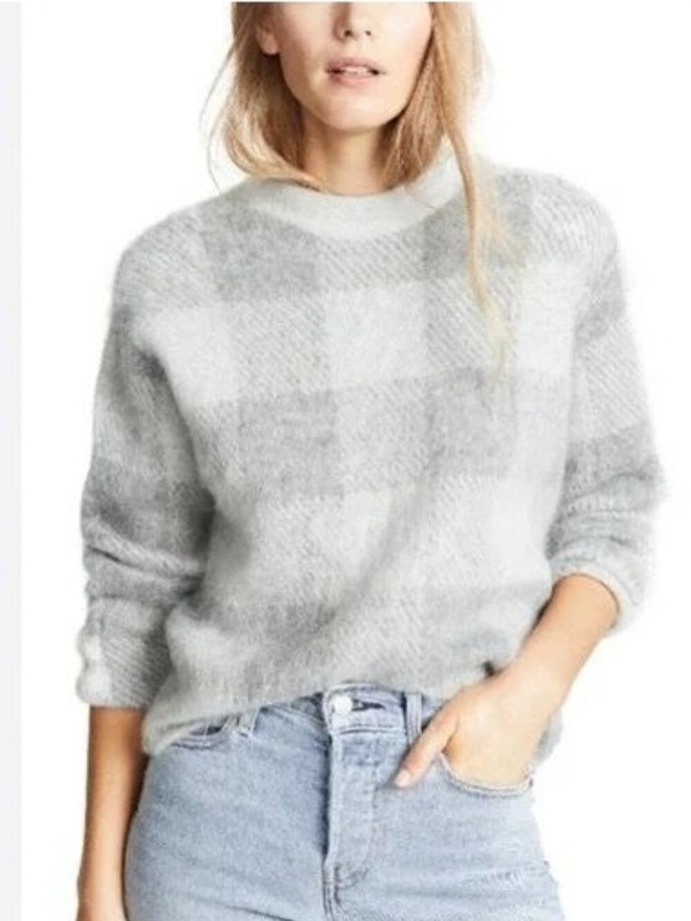 Vince Gray Alpaca Mohair Blend Sweater S Gray Check Houndstooth Crewneck EUC